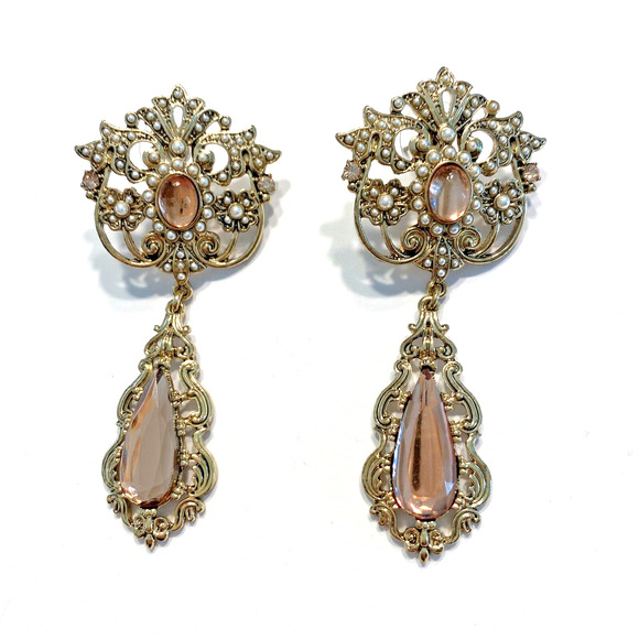 Vintage Inspired Pierced Earrings Gold Statement Drop Dangle Pink Rhinestones - Picture 1 of 7